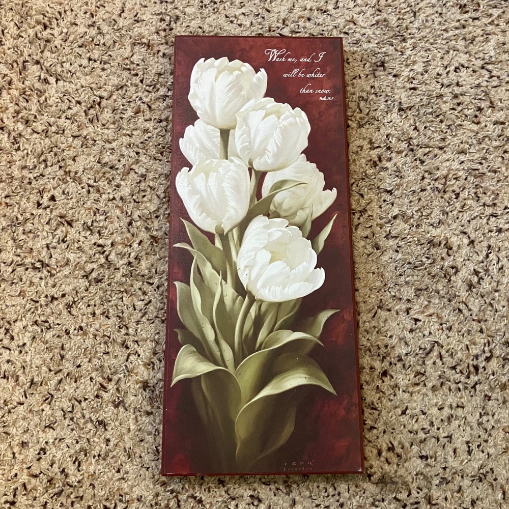 Igor Levashov White Tulips Psalm 51:7 Scripture Wood Wall Art Plaque B47R